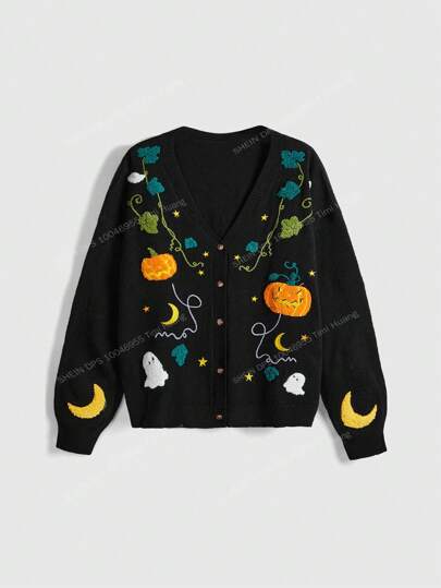Fairycore Women's Halloween Cottagecore Pumpkin Vine & Moon Embroidered Cardigan Sweater