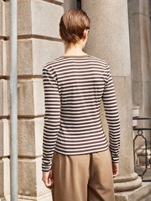 Lumivelle Fashionable Slim Fit V-Neck Long Sleeve Striped Women T-Shirt Fall For Elegant Fashionable Casual Commuting Business Office Daily Leisure All-Match Urban Teacher Professional Attire - Coffee Brown - View 3