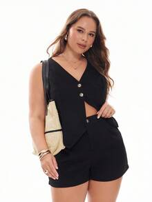 Solavibe Plus Size Solid Color V-Neck Sleeveless Casual Suit Vest And Pocketed Short Suit Two-Piece Set Short Sets Summer