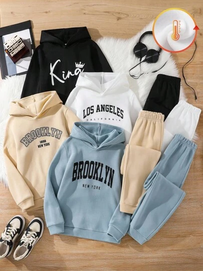 SHEIN 8 件套青少年男孩休闲宽松字母图案连帽衫和运动裤套装，适合通勤、学校、日常休闲、运动、春夏秋冬、返校季