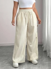 Elenzga Plus Size Casual Versatile 3D Floral Decor Wide Leg Pants Fall Cloth For Women - Apricot - View 4