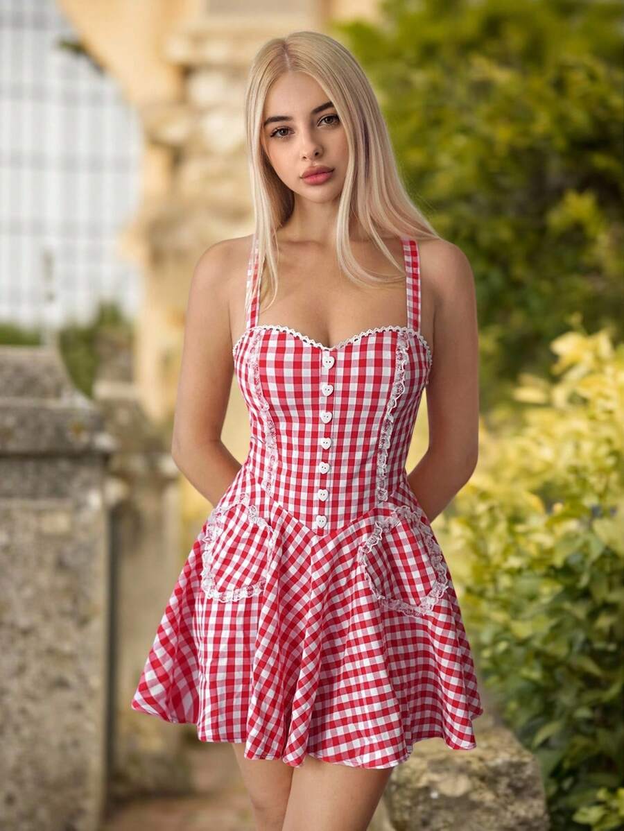 Sweetina 格纹露背交叉系带心形装饰女式迷你连衣裙 - 紅白色 - 查看 1