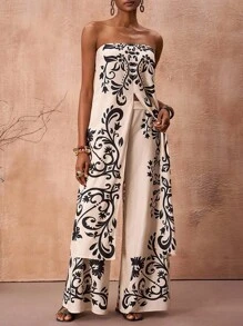 Zivah 2025 Spring & Summer New Music Festival, Western Style, Nomadic Style, Student Daily Wear, Casual, Vacation, Cruise Travel, Beach, Sunbathing, Fashionable, Elegant, Curly Grass Print, Retro Pattern, Symmetrical Floral, Strapless Slit Back Tie Long Top And Wide Leg Pants, Khaki & Black Floral Print, Women 2 Pieces Set - A