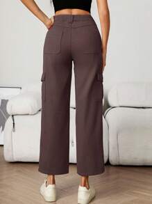 SHEIN PETITE Quần Jeans Ống Thẳng Có Túi Cài Nút Thời Trang Đường Phố Thường Ngày Đa Năng Cho Nữ - màu nâu - Xem 2