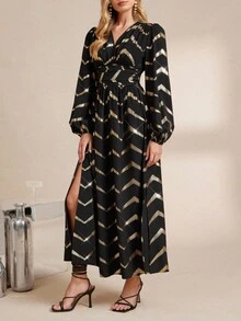 Amorya Elegantes Damen Kleid mit V-Ausschnitt, geraffter Taille, Folienprint und langen Ärmeln, schmeichelhafter Schnitt geeignet für Party, Zusammenkünfte und verschiedene Anlässe, Herbst - Schwarz und Gold - Übersicht 3