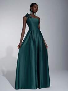 Elitara Váy cổ bất đối xứng bằng vải satin màu xanh rêu cổ điển thanh lịch và lãng mạn dành cho nữ với họa tiết hoa 3D, váy dạ hội chữ A xếp ly, thích hợp cho tiệc cưới và sự kiện trang trọng làm váy phù dâu - Màu xanh lá cây đậm - Xem 1