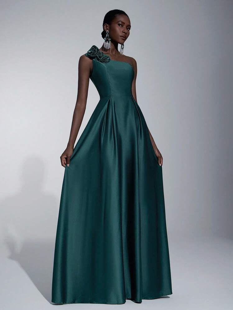 moss green wedding dress Elitara Women's Elegant Spring Teal Satin Asymmetrical Neck With 3D Floral Decor,Pleated A-Line Ball Gown For & Bridesmaid Events HF26E430-D