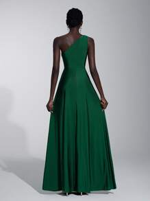 Elitara Vestido holgado de dama de honor de línea A con un hombro, de tela elástica tejida de color verde romántico y elegante