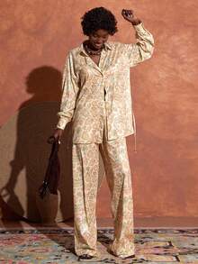 Bóhologie 2 件女士优雅风格随机花卉印花长袖衬衫和裤子套装，休闲优雅套装，Co Ord，假日服装 - 彩色 - 查看 2