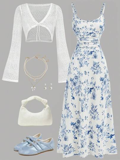 SHEIN Girlism Conjunto de chaqueta con mangas acampanadas de jacquard y vestido deslizante con estampado floral diminuto para adolescentes, elegante y casual