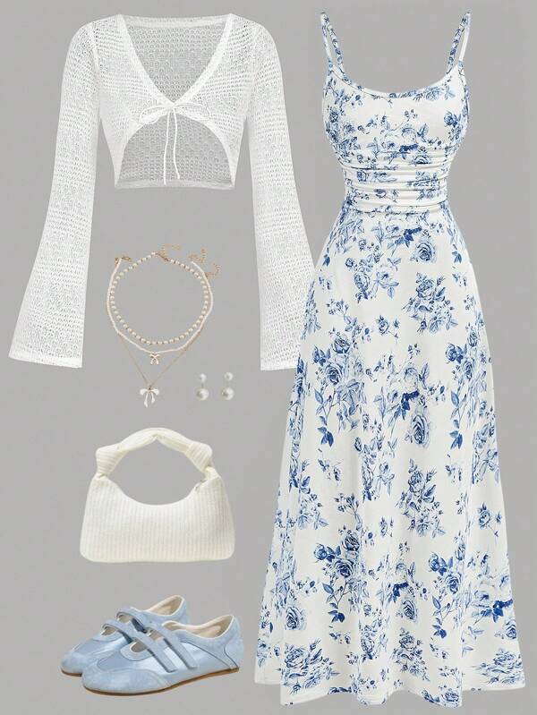 SHEIN Girlism Vacation Co-Ord Set With Cut-Out Long Sleeve Cardigan And Floral V-Neck Short Dress Blue And White Floral Dress White And Blue Dress Teen Girls Elegant Outfit Blue And White Dress Girls Teen Tea Party Outfit Fall Winter