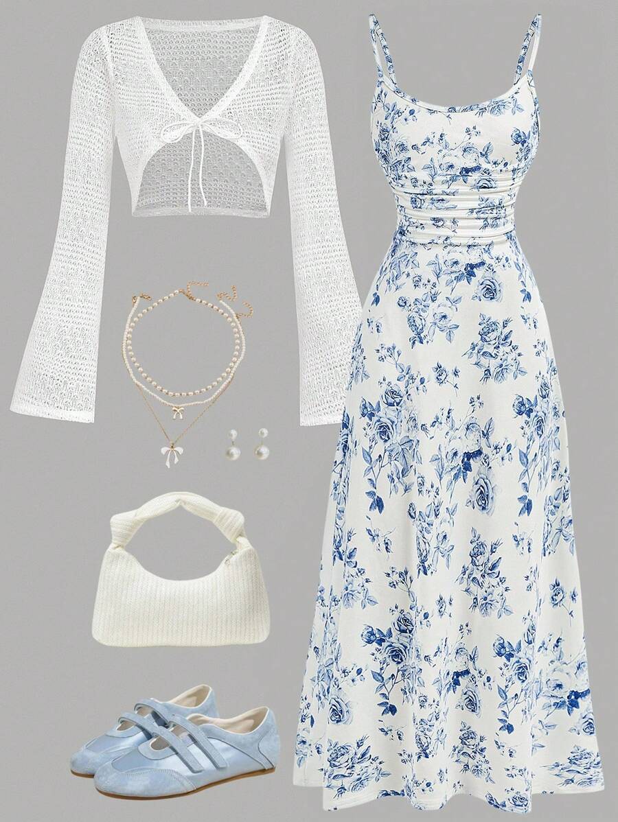 Girlism Tween Girls Jacquard Flare Sleeve Jacket & Ditsy Floral Slip Dress Co-Ord Set, Sweet Casual Elegant,Summer,Y2k,Vacation,Streetwear,Holiday,New Years - Blue and White - View 1