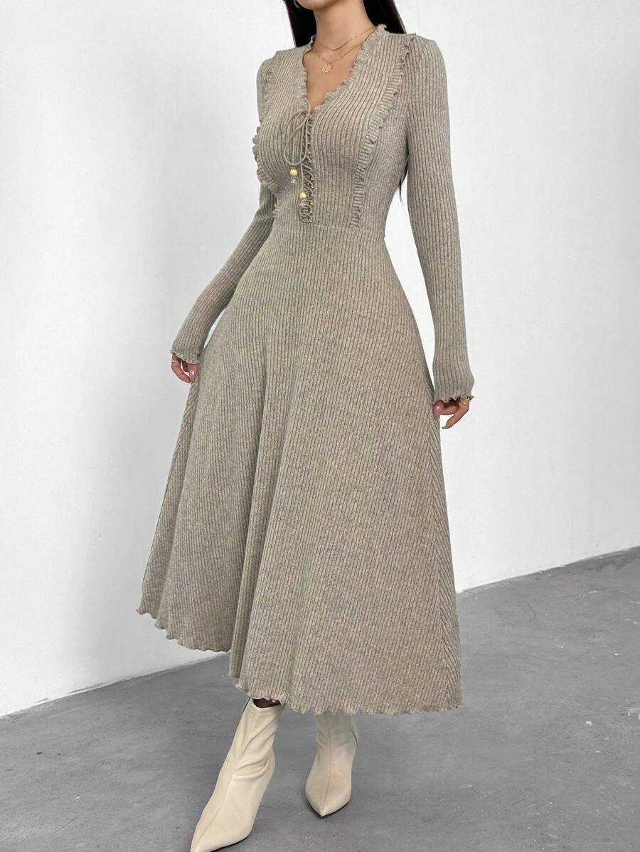 Feyla 女士优雅纯色中长通勤连衣裙 - 灰色 - 查看 1