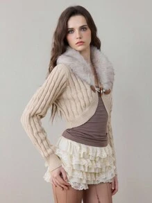 Fairycore Y2K Style Furry Collar Patchwork Inverted Triangle Hem Cropped Cardigan For Women - Khaki - View 5