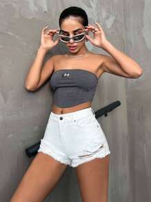 EURMUSE Shorts Jeans Rasgados De Cor Sólida - Branco - Ver 5