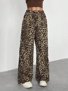 SHEIN Sparklyn 少女豹纹系腰阔腿宽松裤