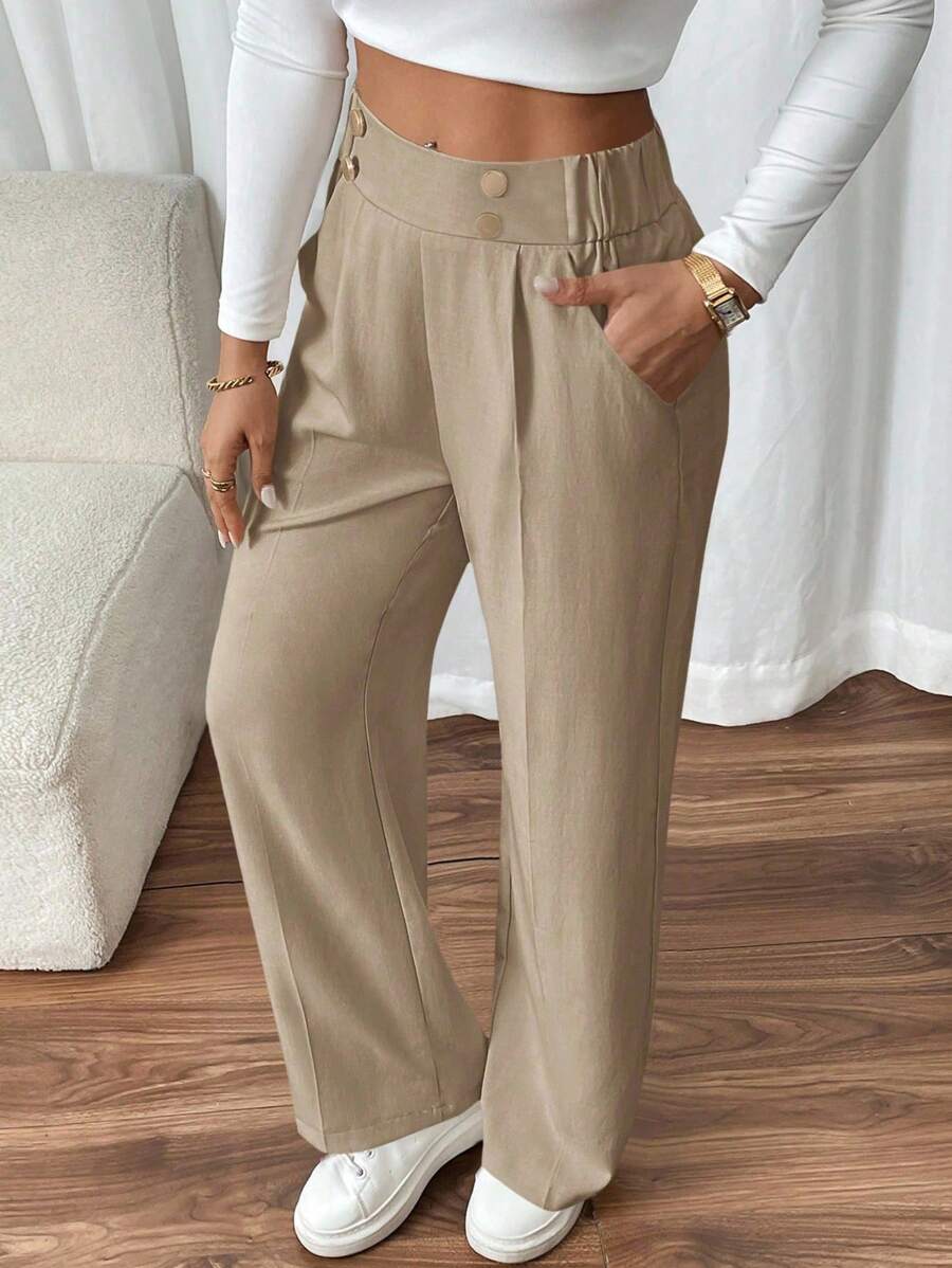 SHEIN Frenchy 女士大码休闲黑色裤，日常通勤户外必备，金属纽扣装饰，功能性口袋，2025新款时尚日常黑色裤