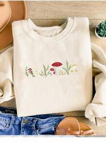INAWLY Casual Mushroom Print Round Neck Fleece Sweatshirt For Autumn/Winter Graduation,Back To School,Graduation,Teacher,Back To School Pullover Fall - Apricot - View 6