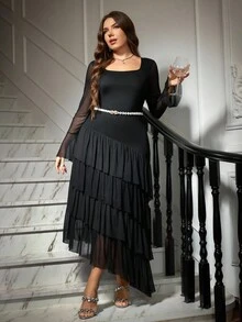 Ellevyn Curvy Plus Size 女式黑色高弹力网眼方领长袖喇叭袖收腰修身多层下摆优雅长裙 - 黑色 - 查看 3