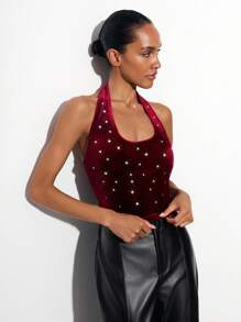 Maija Women's Burgundy Summer 70's Club Night Party Disco Crew Neck Halter Cropped Velvet Tank Top,Hotfix Rhinestones Christmas Business Casual - Burgundy - View 5