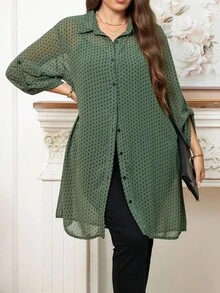 Reflora 大码女式绿色波点领长袖飘逸雪纺外套，适合秋季、冬季、夜间外出、休闲场合，尽显老钱风范，适合多种场合，如万圣节、返校节、圣诞节、商务休闲女装、大码商务休闲女装、春夏女装 - 彩色 - 查看 3