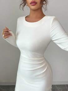 Modelyn Women's Autumn Woven Apricot Color Patchwork Long Sleeve Fitted Pleated Bodycon Dress Fall Cloth For Women - Apricot - View 4