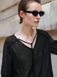 Lumivelle Women's V-Neck Long Sleeve Casual Elegant Chiffon Textured Top & Pants 2 Pieces Set Women Pants Suit 2 Pieces Pants Sets Woman SummerHoliday Sunny Journey Vacay Vibes Casual Outfits Spring Fall Cloth For Women - Black - View 6