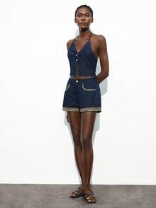 Maija 女士深蓝色牛仔露背性感蝴蝶结上衣 - 中等水洗藍 - 查看 4