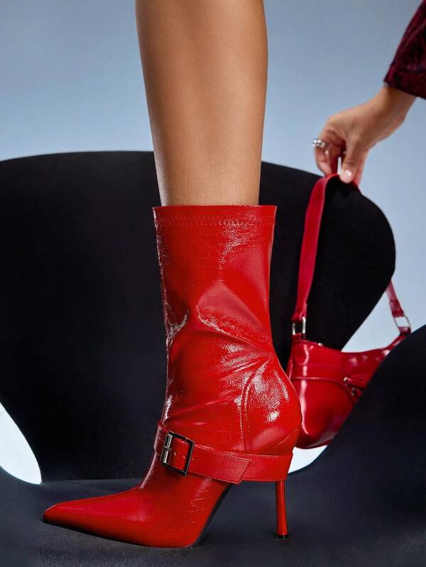 Cuccoo CUCCOO GRLICON Botas de media pantorrilla burdeos para mujer, estilo motocicleta, moda Y2K, atuendo de chica cool