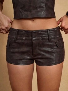 SHEIN BAE 女士修身网眼短裤，时尚修身，夏季 - 咖啡棕 - 查看 4