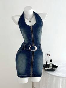 Elamini 女式拉链挂脖系腰修身无袖牛仔连衣裙 - 深色水洗藍 - 查看 1