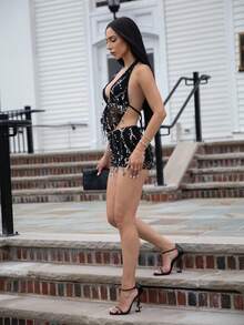 Carolina Barros 2 件合身闪亮流苏亮片垂坠领背心和迷你裙套装 - 黑色 - 查看 6