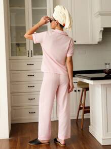 SHEIN Casual Pink Striped Pajama Set With Collared Top And Pocket For Women Light Pink Pajama Set Pink Pajama Set Women Lounge Wear Sets - Pink - View 2