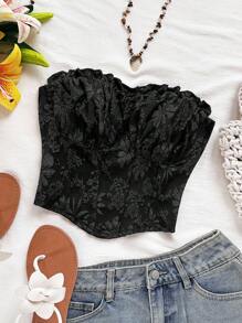 Soleia 女士度假黑色性感腰部提花荷叶边修身短款上衣，适合派对、约会、情人节、下午茶 - 黑色 - 查看 7