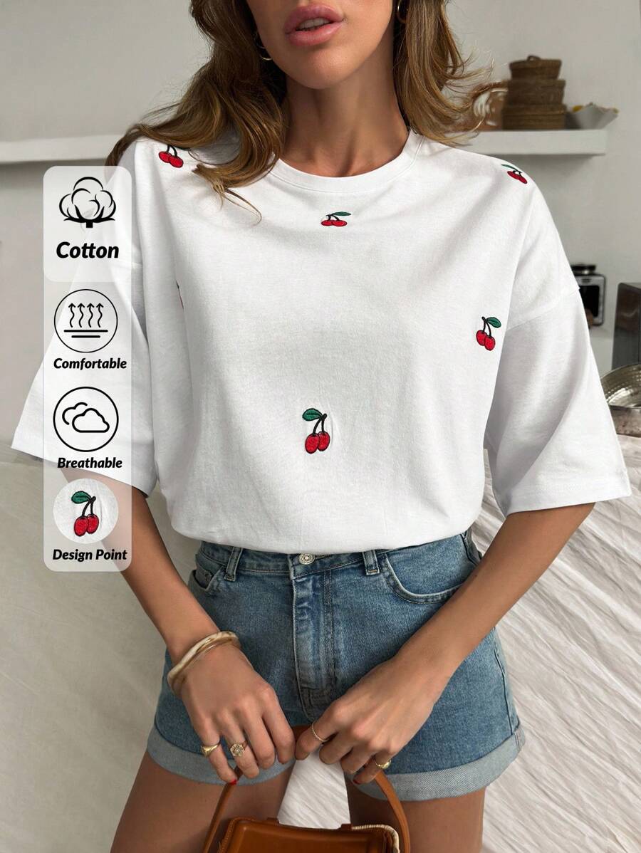 EURMUSE Woman Solid Color Cherry Embroidery Front Round Neck Short Sleeve Spring Summer Casual Tee T-Shirt Top - White - View 1
