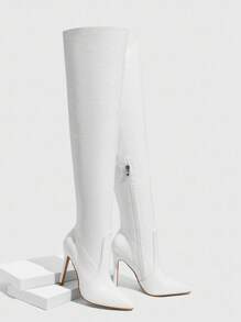 CUCCOO SZL 女士尖头细高跟鞋白色经典时尚动物印花简约性感派对宴会约会修身过膝靴，超弹力秋冬 - 白色 - 查看 8