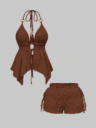 ROMWE Avant Ensemble 2 pièces pour femmes comprenant un Top court à fines bretelles sans dos avec décoration de perles en bois et un short bouffant, style Y2K vacances