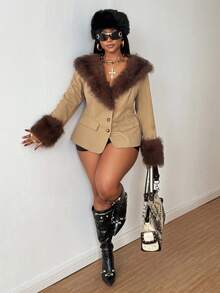 Maweii 2025 Plus Size Women's Elegant Date Night Fashion Dramatic Fur Collar Decor Chic Overcoat, Autumn/Winter Fall