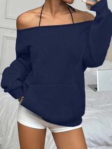 Flirla Women's Solid Color Off-Shoulder Long Sleeve Loose Fleece Sweatshirt Fall Cloth For Women - Navy Blue - View 3