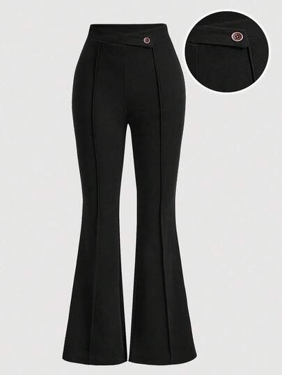 Girlism Teen Girl Elegant Asymmetric Waist Black Flared Buttoned Polyester School Breathable Relaxed Easy-Care Soft Bold Chic Cool Girls Pants