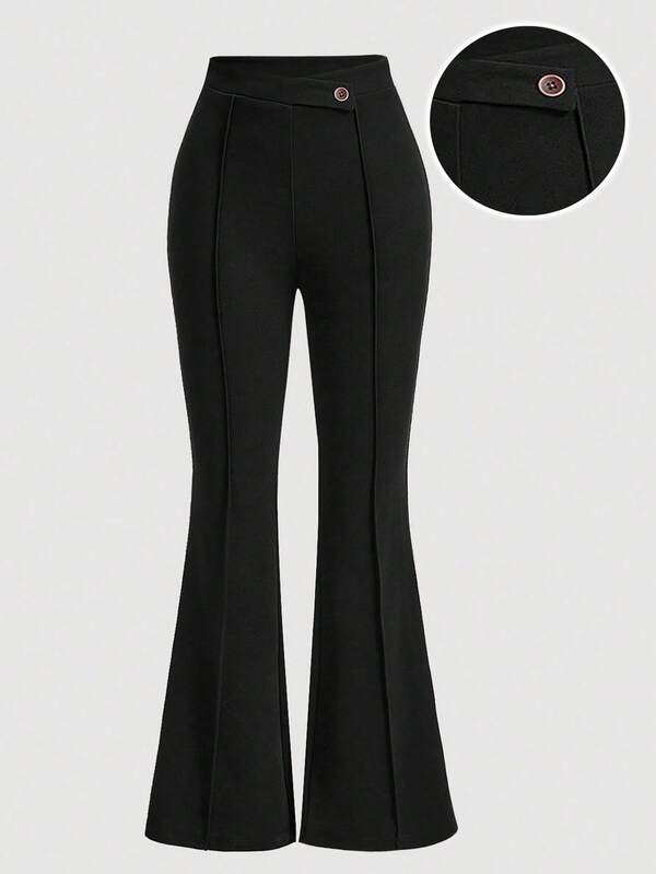 Girlism Teen Girl Elegant Solid Color Comfortable Asymmetric Waist Black Flared Pants