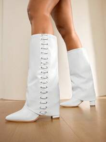 Daringsoles 女式尖头粗跟绒面西部流苏靴，修身高筒靴 - 白色 - 查看 5