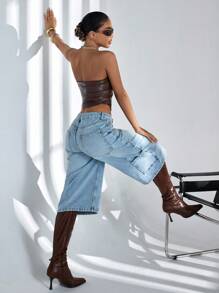 CasuGlow Cowgirl Outfit Women's Low Waist Y2K Pockets Wide Leg Loose Bermuda Denim Shorts Rave Outfits Women Summer Clothing - Blue - View 6