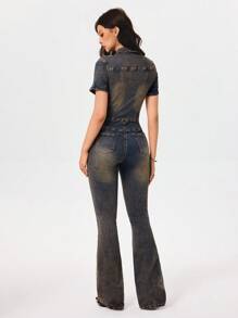 Rivivi 女式弹力牛仔喇叭腿连体裤 - 淺色水洗藍 - 查看 2