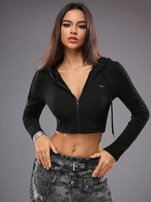 Y2Kool BiGraphic 女式简约徽标印花黑色修身长袖短款薄羊毛拉链连帽衫冬季 - 黑色 - 查看 6