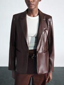 Maija 2025 Modern City Back To School Season Women's Loose PU Blazer With Wide Shoulders And Pockets, Suitable For Early Autumn Brown Blazer Women Brown Leather Blazer Brown Jacket Women Faux Leather Blazer Women Women Brown Blazer,Fall Clothes For Women,Winter Clothes For Women,Fall Outfits For Women,Halloween,Christmas,Business Casual Woman,Office Outfits For Women,Work Outfits For Women,