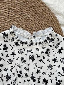 SHEIN Girls' Brown Vest And Floral Ruffle Puff Sleeve Countryside Dress Set, Autumn/Winter Fall - Brown - View 7