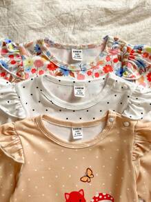 SHEIN 3 Peças Conjunto de Macacão de Manga Longa com Estampa de Raposa Fofa, Poá e Floral para Bebê Menina, Disponível nas Cores Branco, Amarelo e Estampa Floral para Uso Casual - Multicolorido - Visão 4
