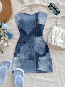 Soleia 海军蓝复古机械纹理印花连衣裙，休闲度假风格，性感可爱，Y2K椰子女孩波西米亚音乐节氛围，适合夏季大码女性 - 藍色 - 查看 4