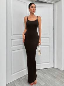 Cami Rib Knit Fitted Dress, Long Bodycon Dress - Black - View 4